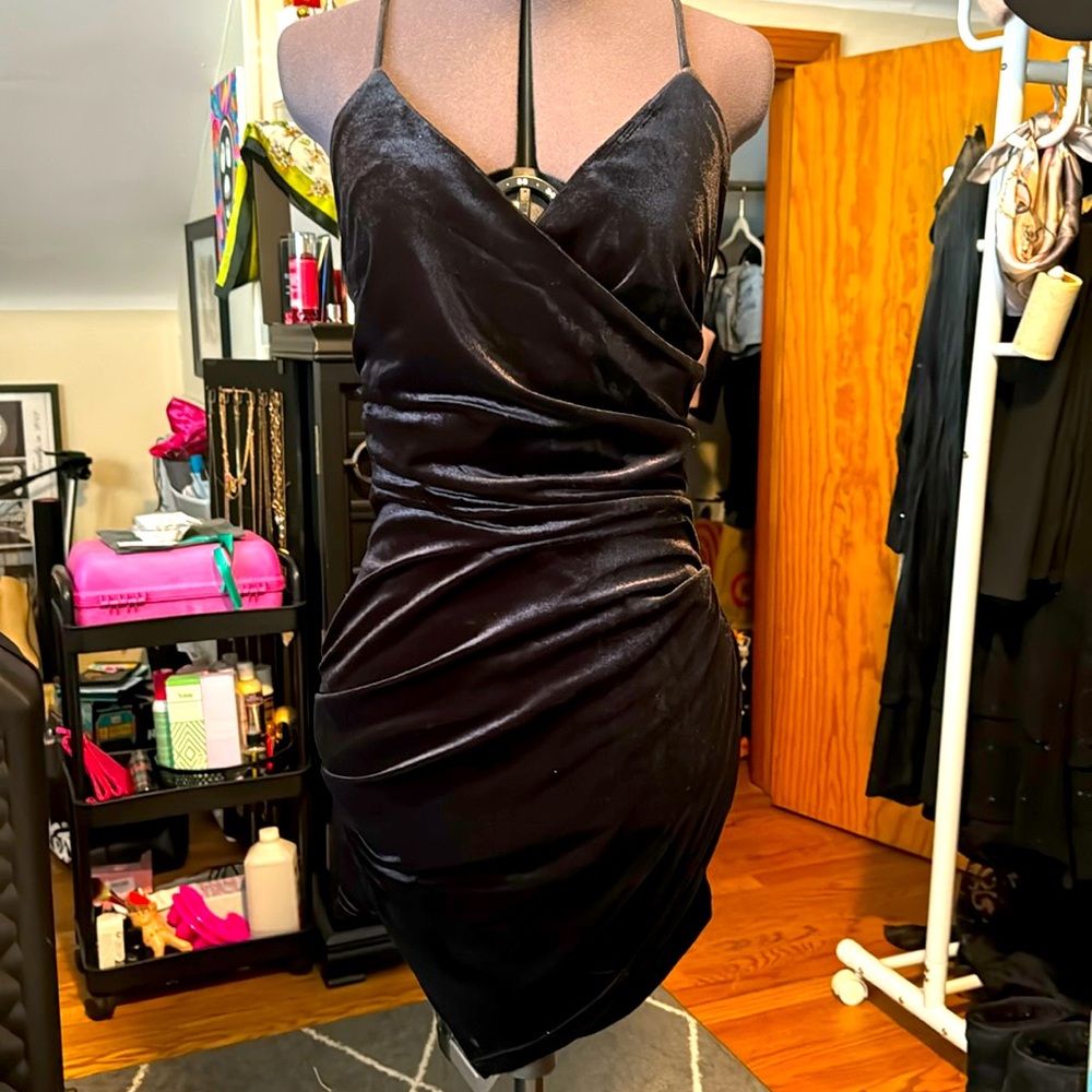 Like new AKIRA sz S black velvet ruched body con asymmetrical hem dress